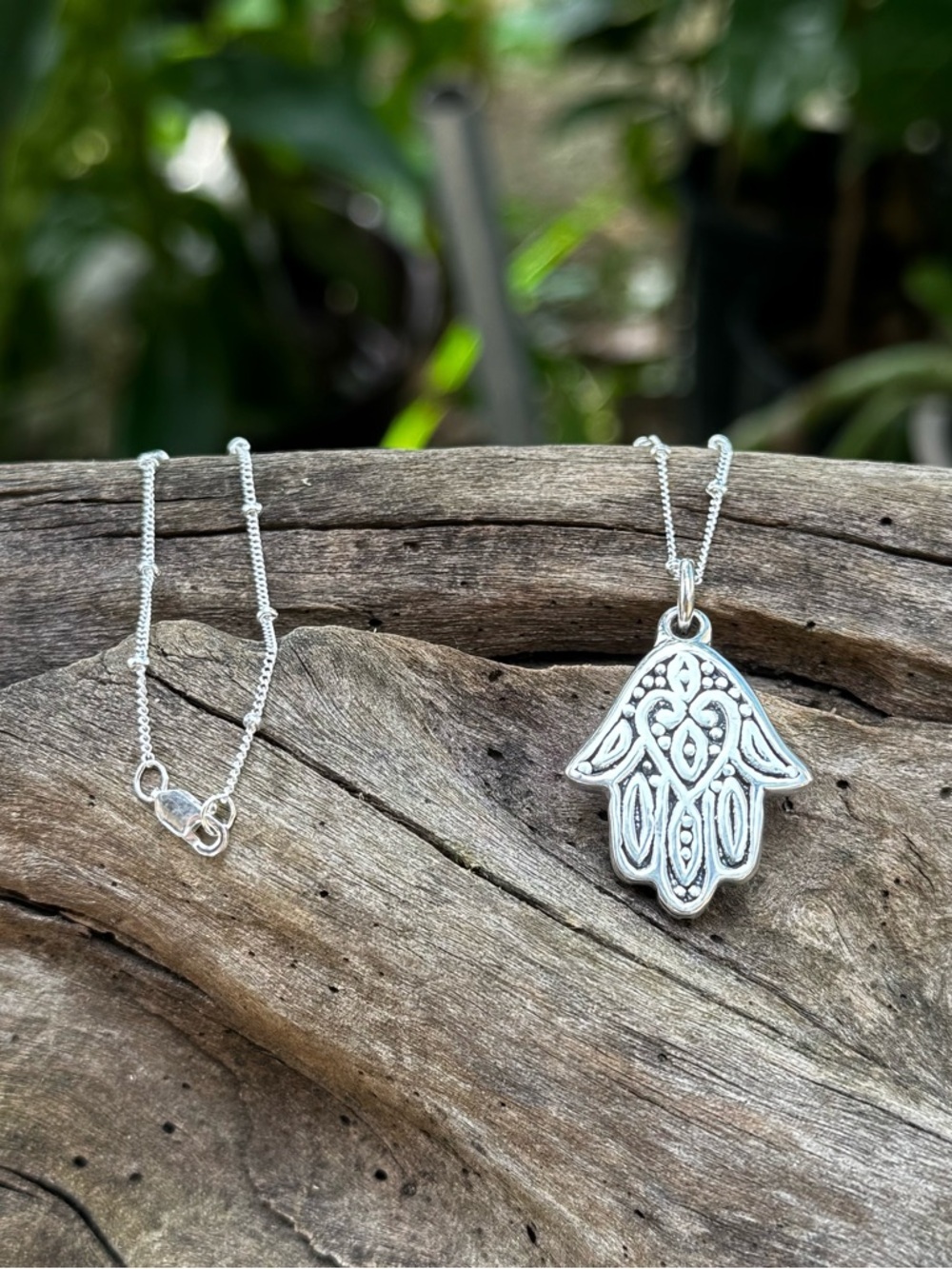 Hand Crafted Silver Hamsa Pendant Necklace - Silver